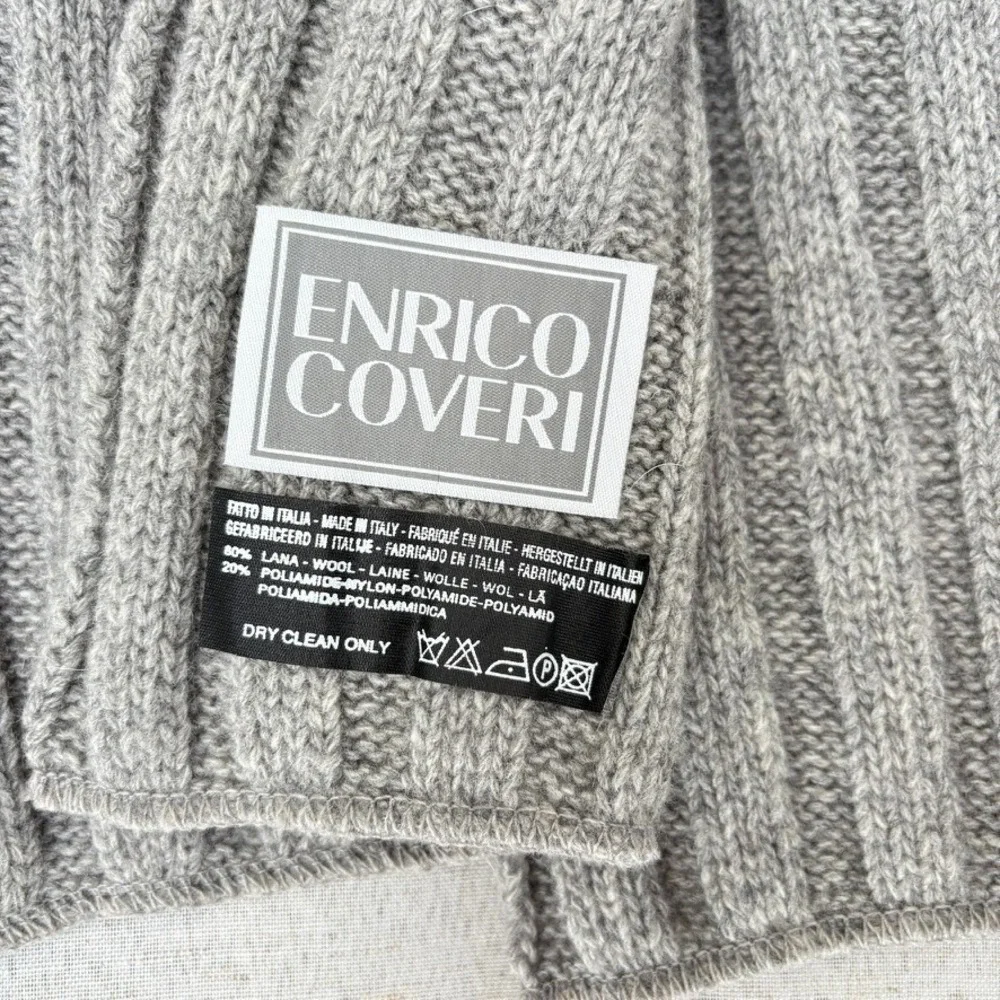 Enrico Coveri Wool Scarf Grey Ribbed Knit Embroidery Logo minimal capsule luxury